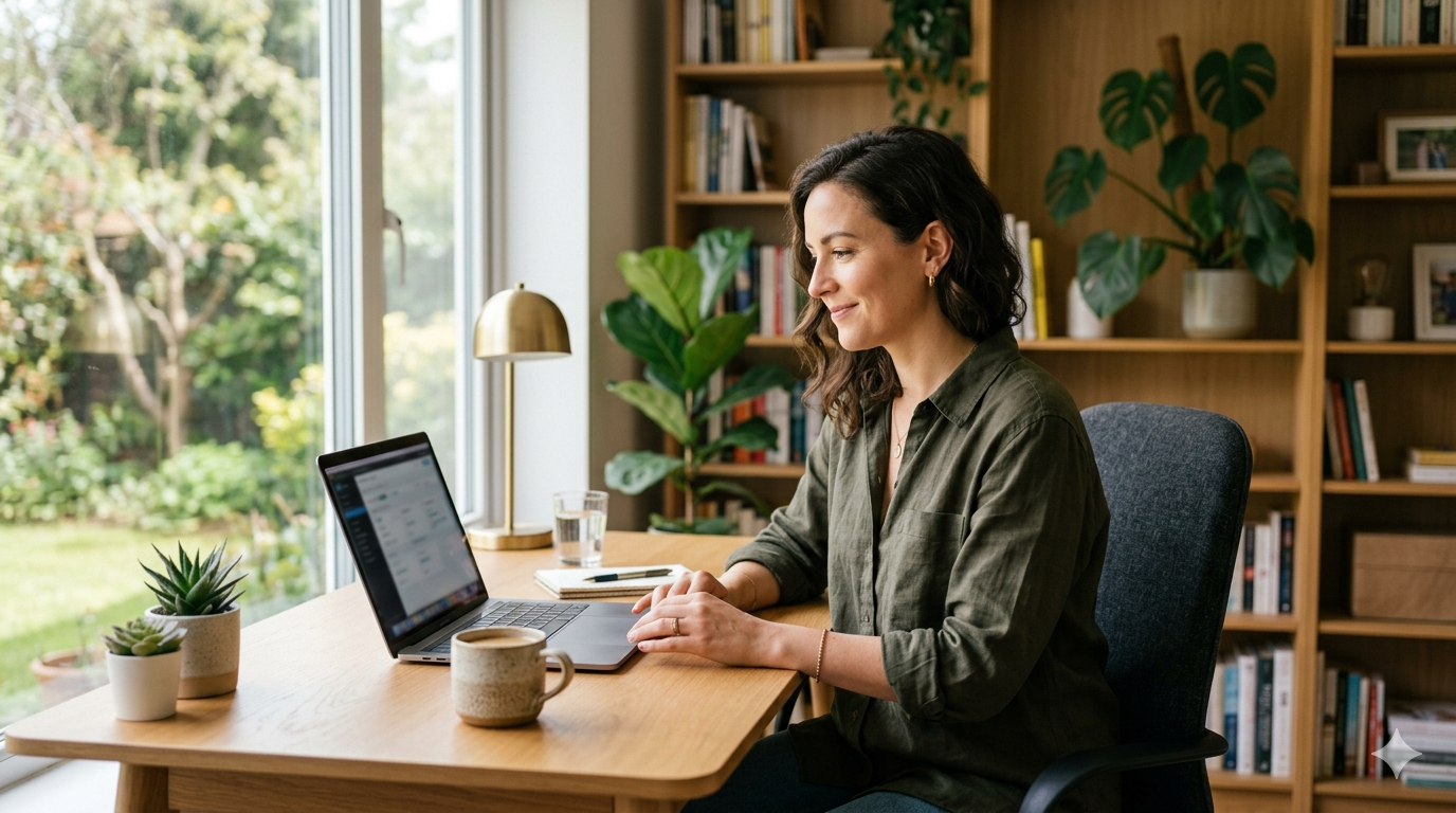 Self-employed professional working from a modern home office with laptop and coffee