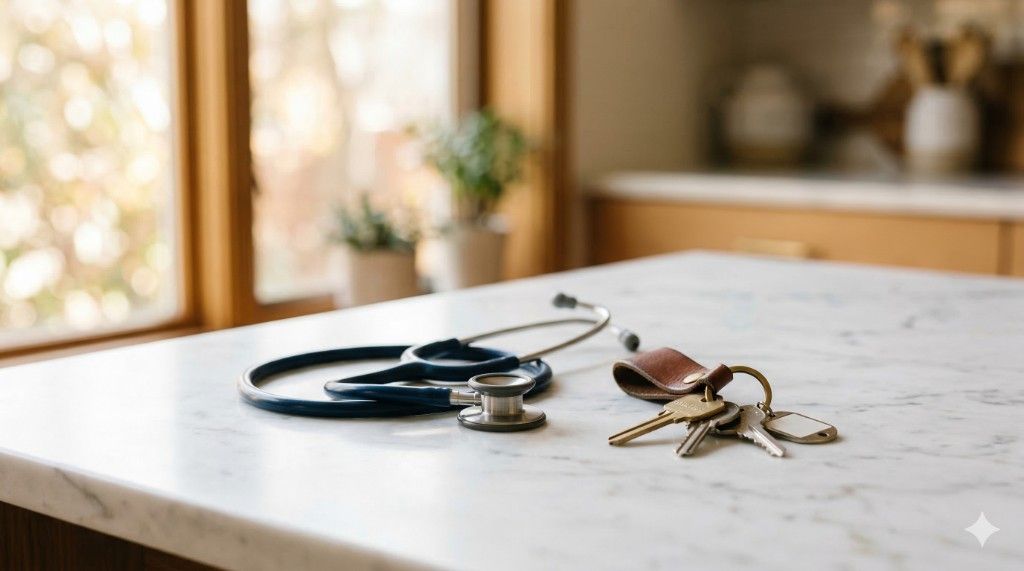 Young physician holding keys in front of a new home, representing doctor loan homeownership