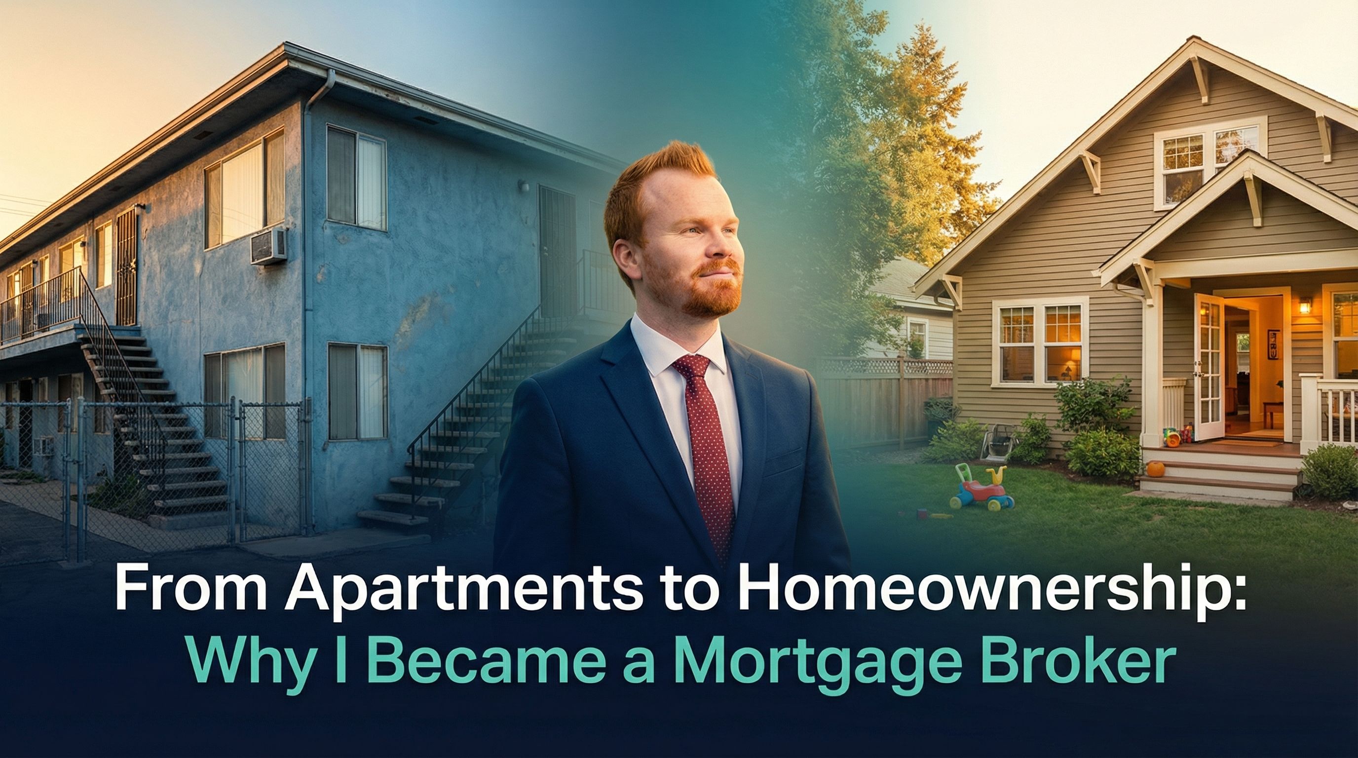 Long Beach California apartment building transitioning to a single-family home at golden hour, representing the journey from renting to homeownership