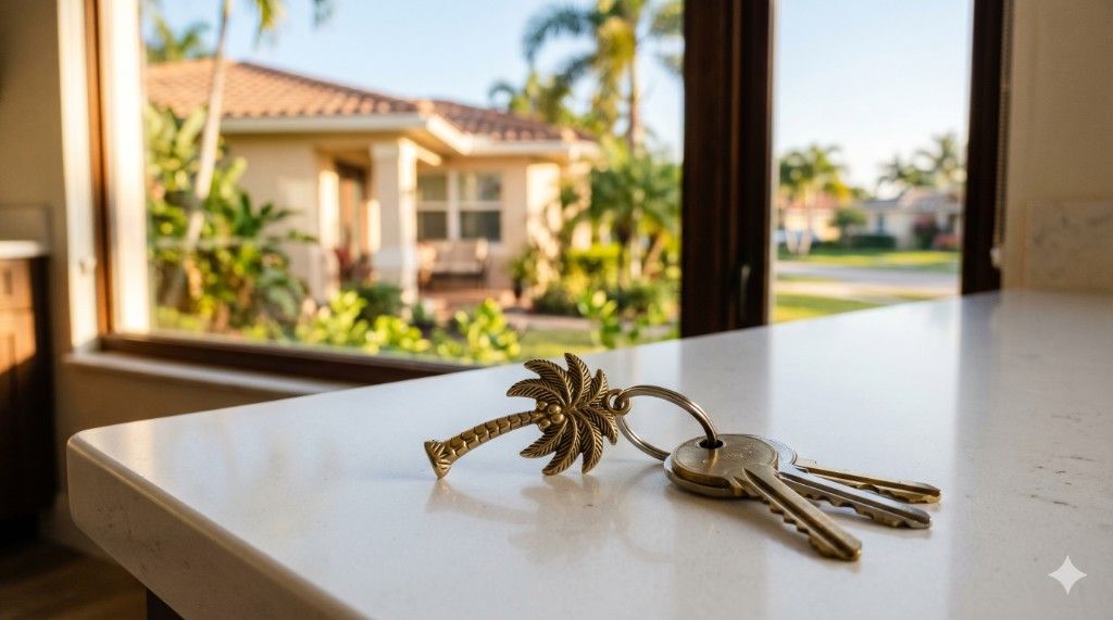House keys with palm tree keychain representing buying a first home in Florida