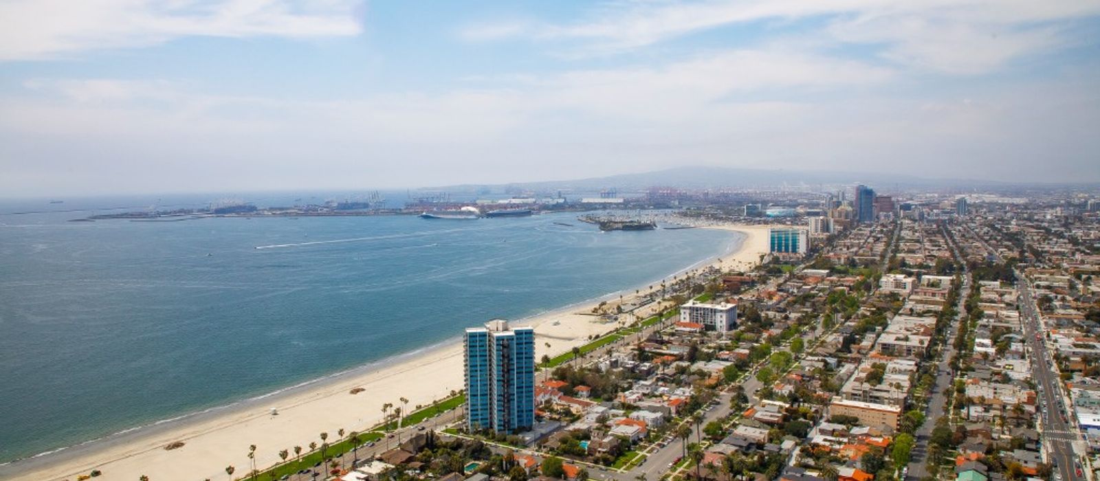 Aerial view of Long Beach, California coastline and downtown skyline