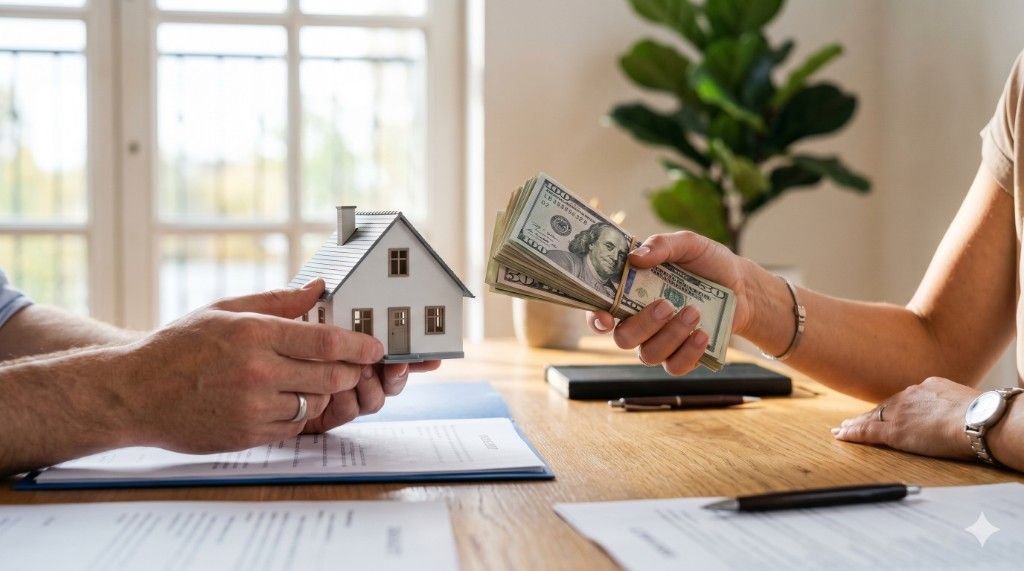 Hands holding a model home and cash representing the decision between HELOC and cash-out refinance options