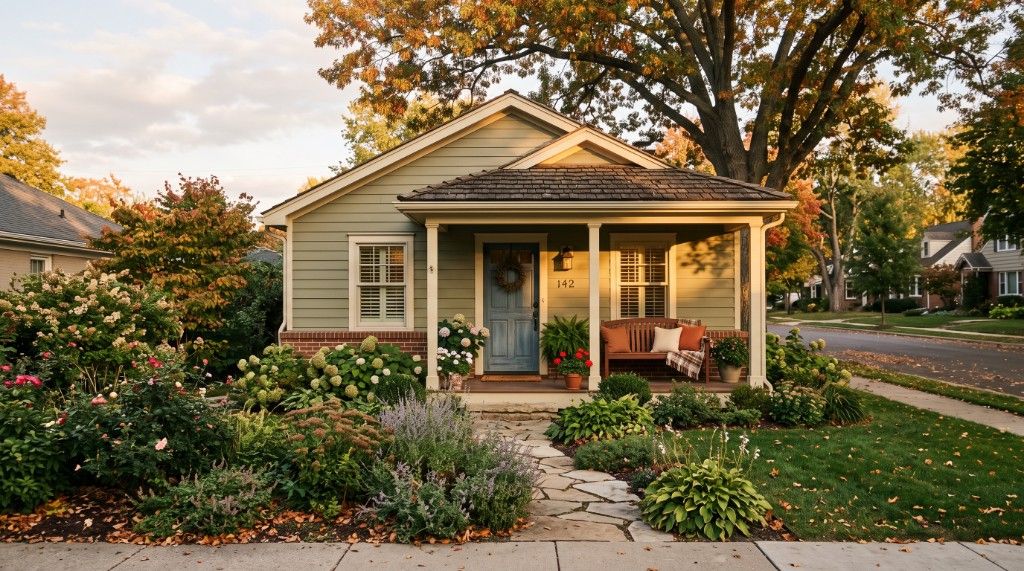 A modest single story home with a covered front porch on a quiet residential street