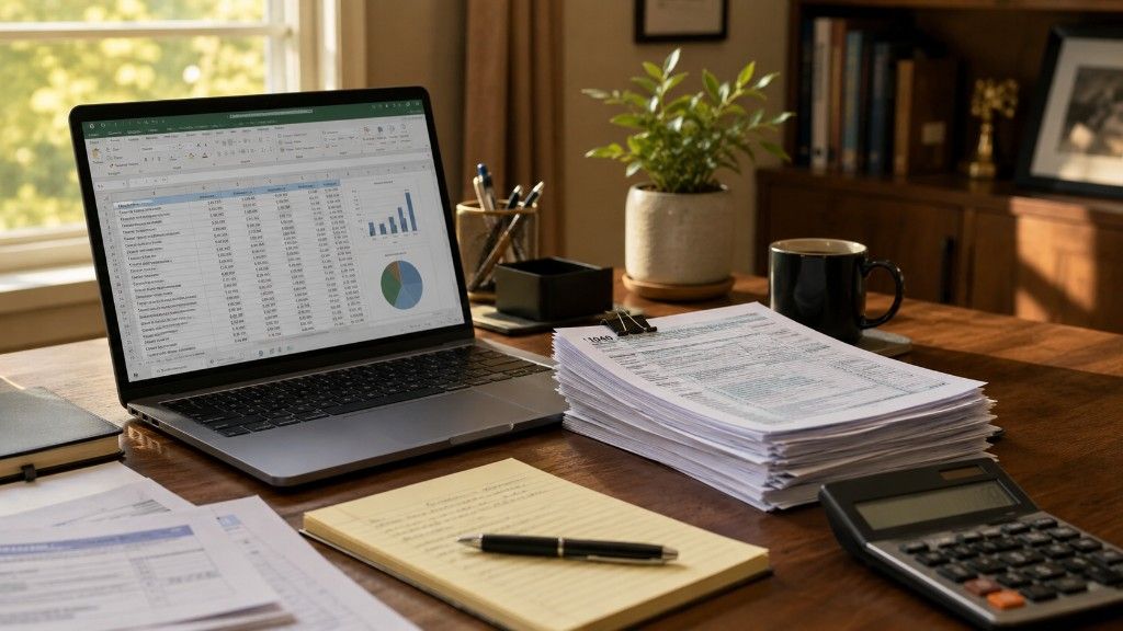 A home office desk with tax documents and a calculator representing self-employed mortgage income calculation