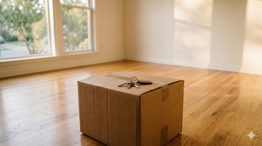 House keys on a moving box in an empty room representing the first 90 days after closing on a home