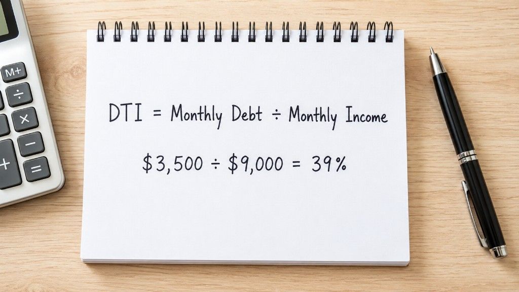 A notepad showing the debt-to-income ratio formula, monthly debt divided by monthly income, with a sample calculation