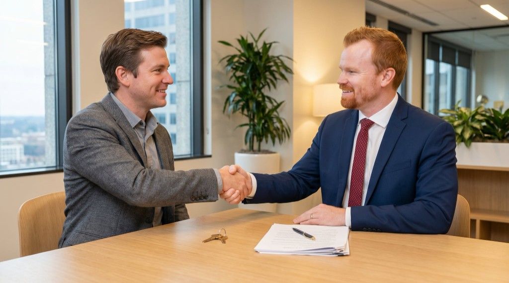 Real estate agent and mortgage broker shaking hands representing a successful partnership