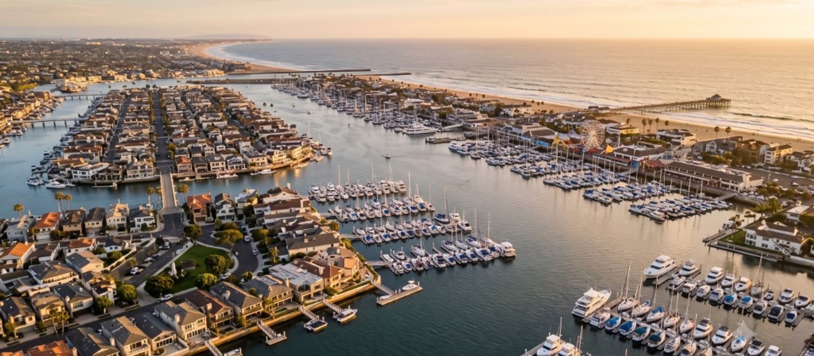 Aerial view of Newport Beach harbor, Balboa Island, and the Pacific coastline