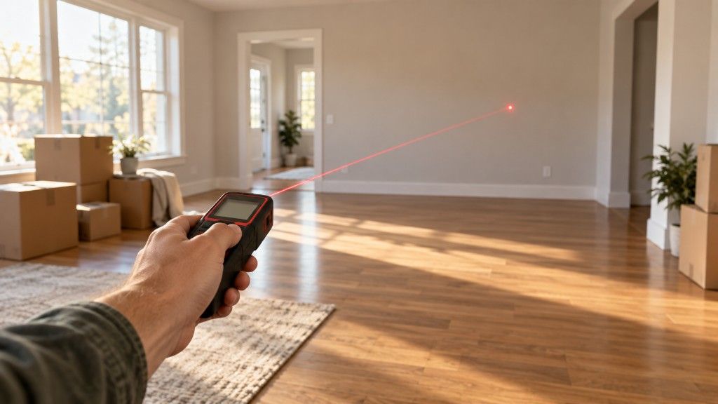A hand holding a laser distance measurer in an empty living room, representing the measurement standards in the new appraisal report
