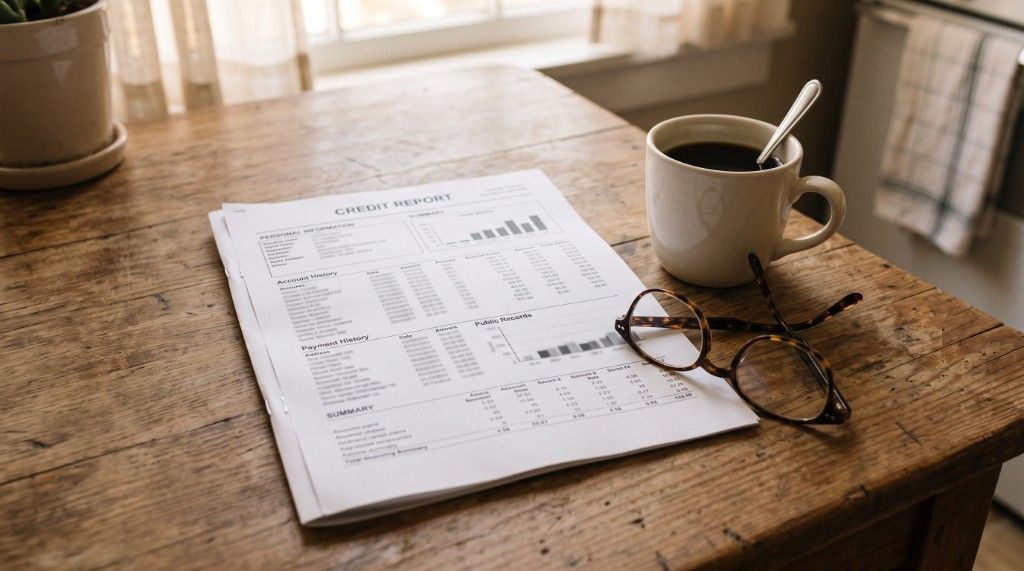 A person reviewing a credit report at a kitchen table