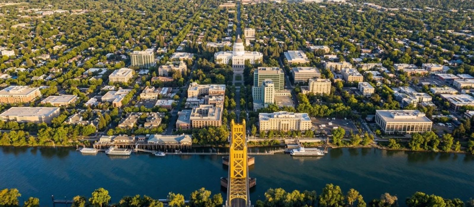 Aerial view of Sacramento Tower Bridge and State Capitol with Sacramento River