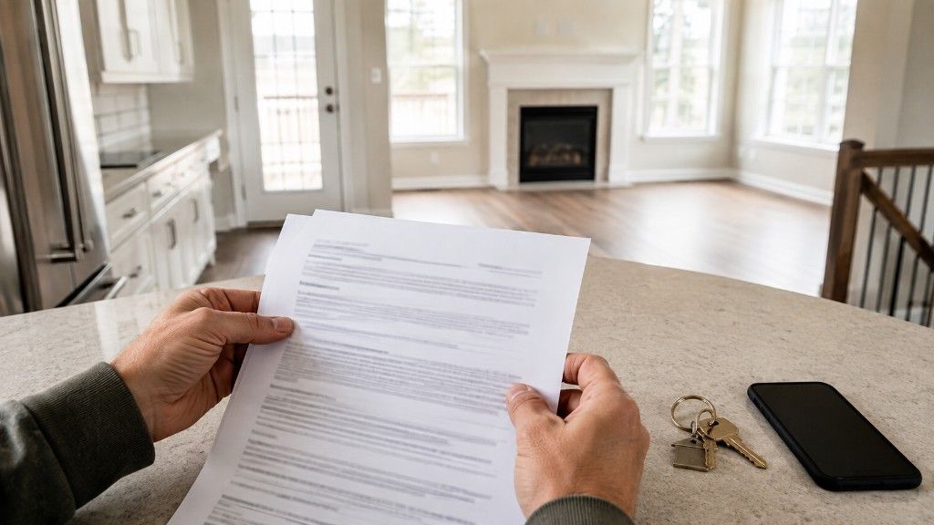 A real estate agent reviewing paperwork at a kitchen counter in a home