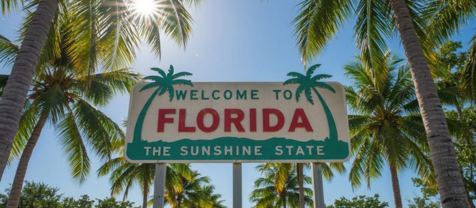 Welcome to Florida, The Sunshine State sign with palm trees