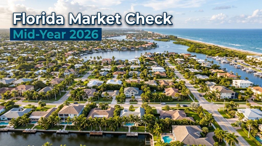Aerial view of a Florida coastal community with text overlay reading Florida Market Check Mid-Year 2026