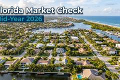 Aerial view of a Florida coastal community with text overlay reading Florida Market Check Mid-Year 2026