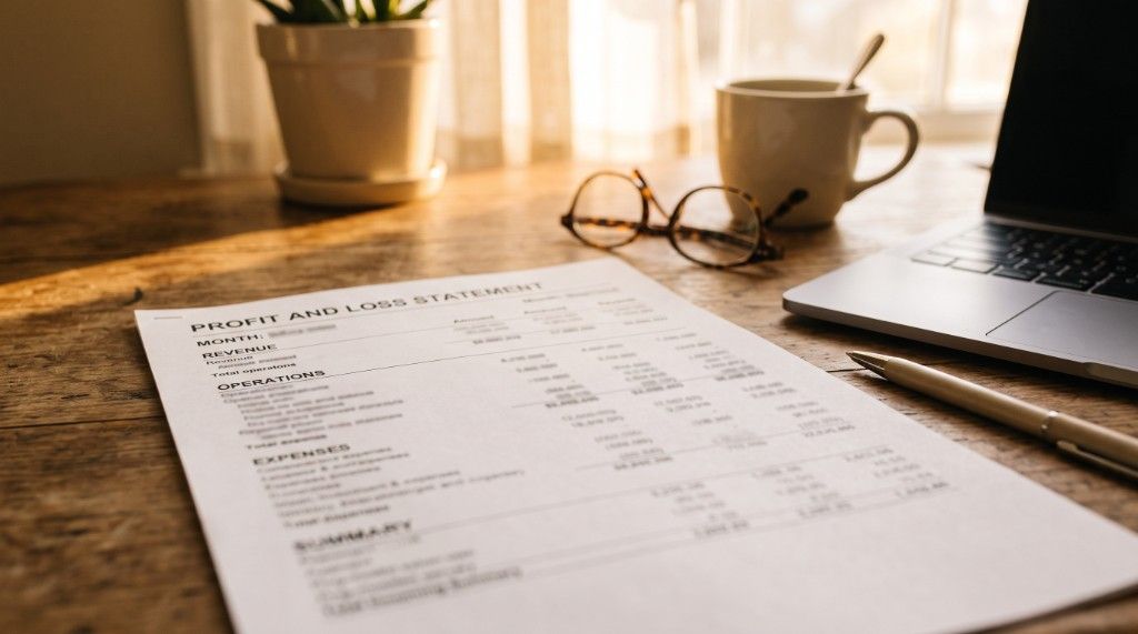 A profit and loss statement on a desk beside a laptop, representing self-employed mortgage qualification