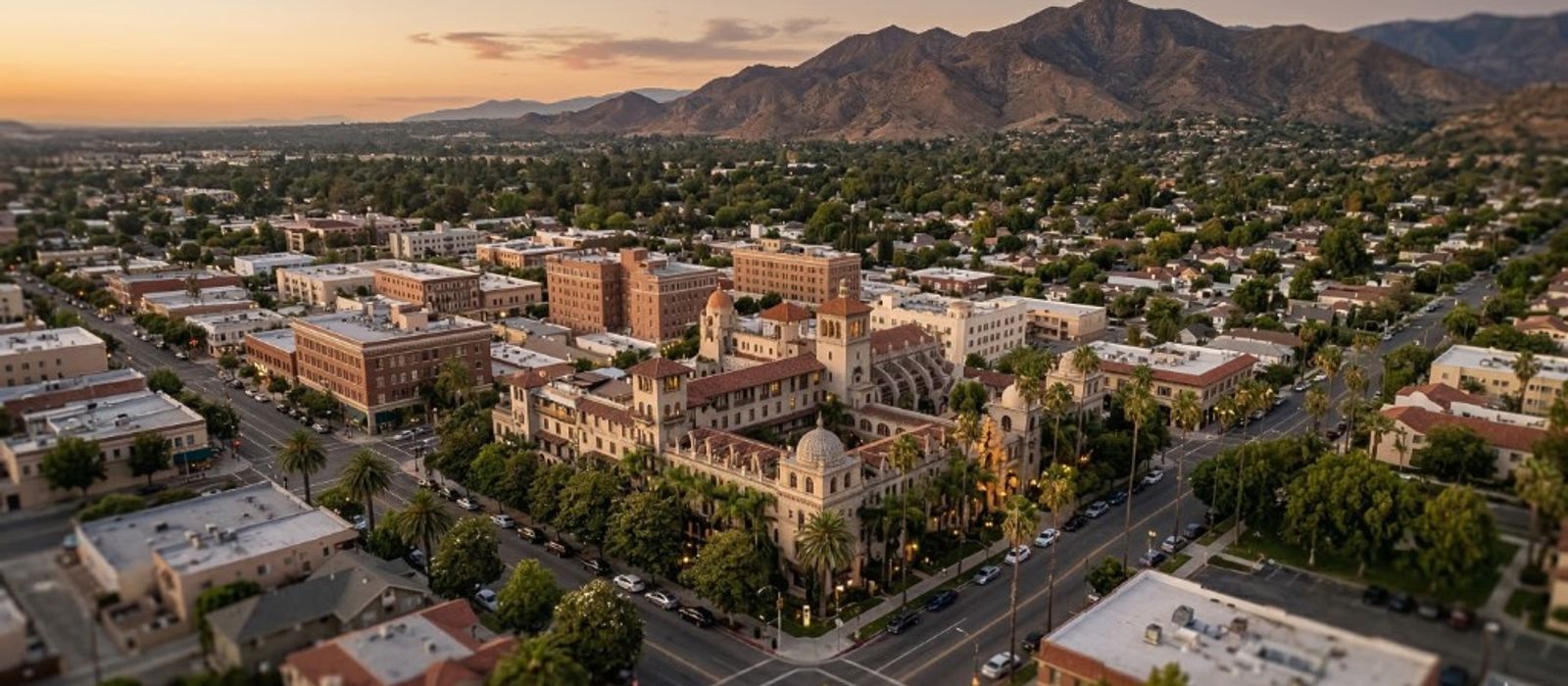 Aerial view of downtown Riverside and the Mission Inn with mountains in the background
