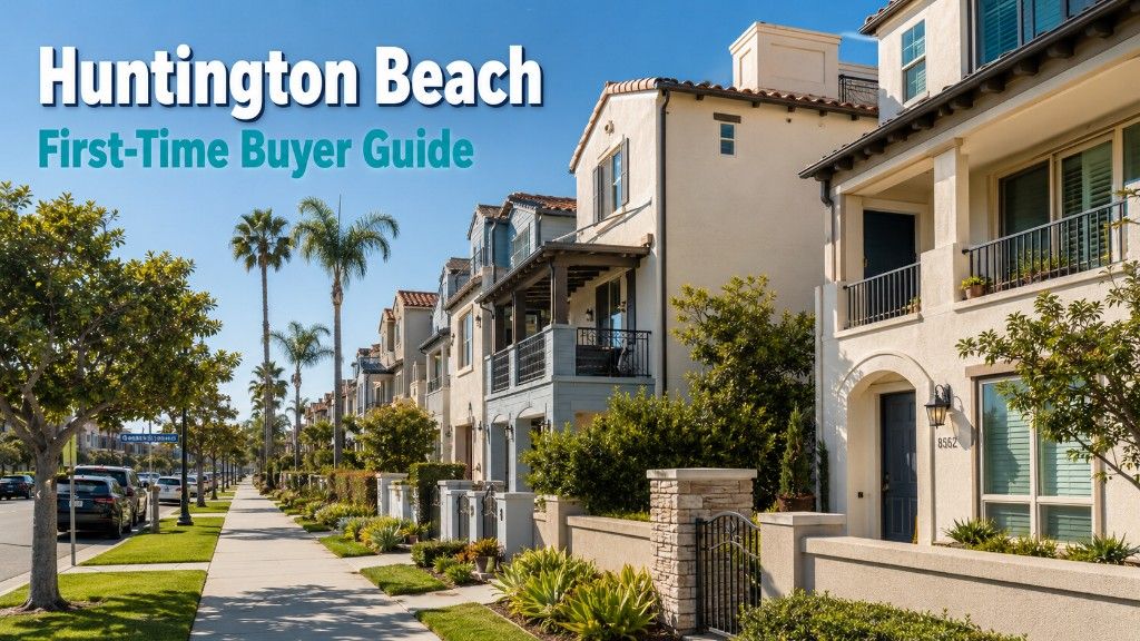 A residential street of attached condos and townhomes in Huntington Beach with text overlay reading Huntington Beach First-Time Buyer Guide