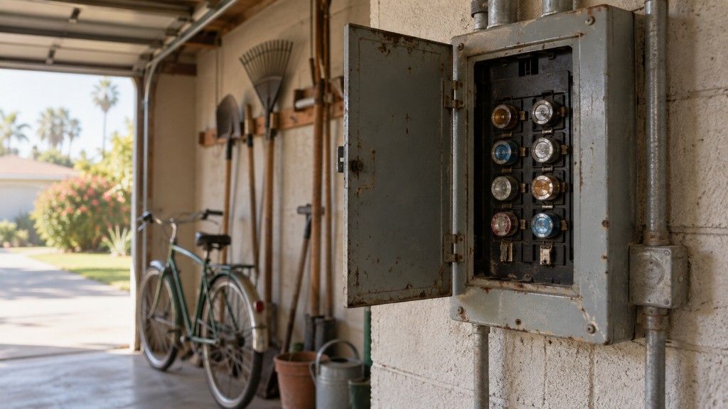 An older electrical panel in the garage of a mid-century California home, representing what affects home insurance eligibility