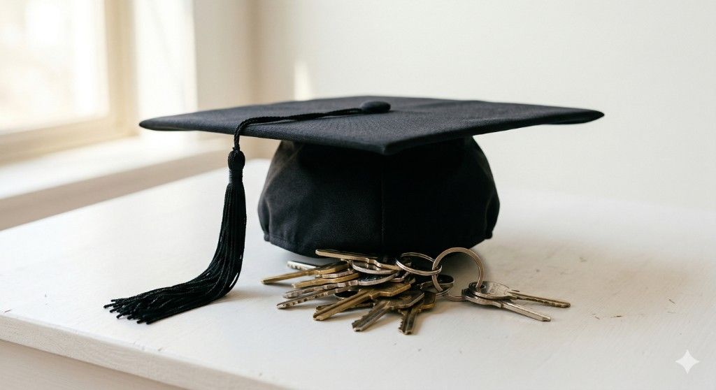 Graduation cap and house keys representing buying a home with student loan debt