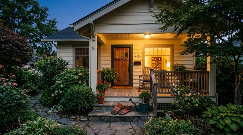 The front porch of an established single story home in the early evening with the porch light on