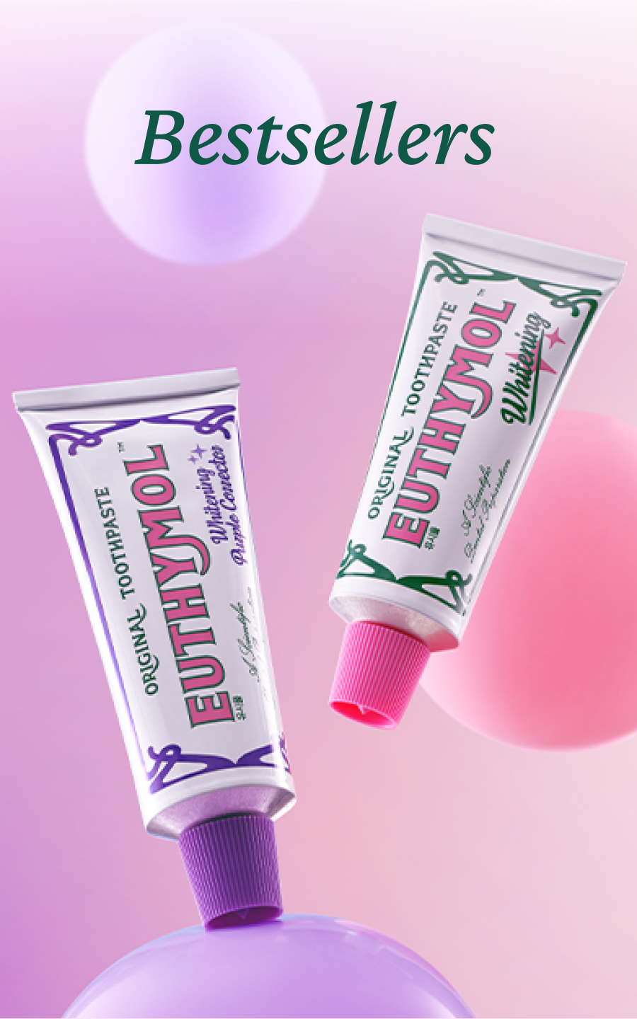 Bestsellers: Two EUTHYMOL toothpaste tubes, one purple 'Whitening + Purple Corrector' and one pink 'Whitening'.