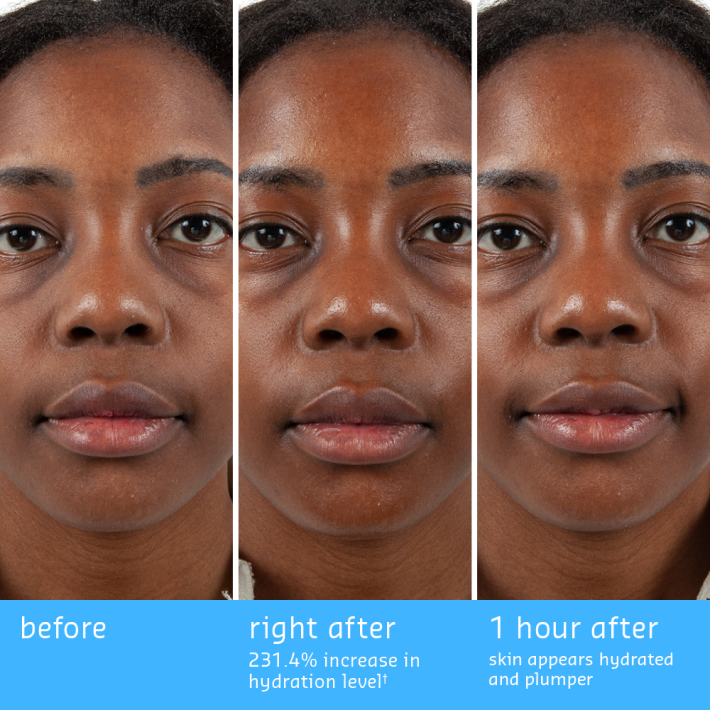 Three sequential close-up photos of a woman's face showing skin improvement: "before" with dry skin, "right after" post-application of belif Aqua Bomb Moisturizer, and "1 hour after" showing hydrated and plumper skin.