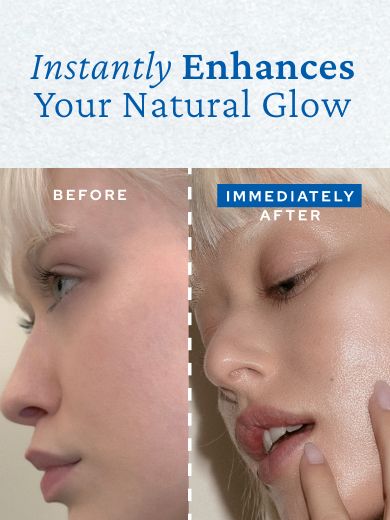A side-by-side comparison shows a person's cheek before and immediately after applying a product that enhances their natural glow with gold pearls. The right side of the image features a squiggly line of the cream and the text, "Instantly Enhance Your Natural Glow.