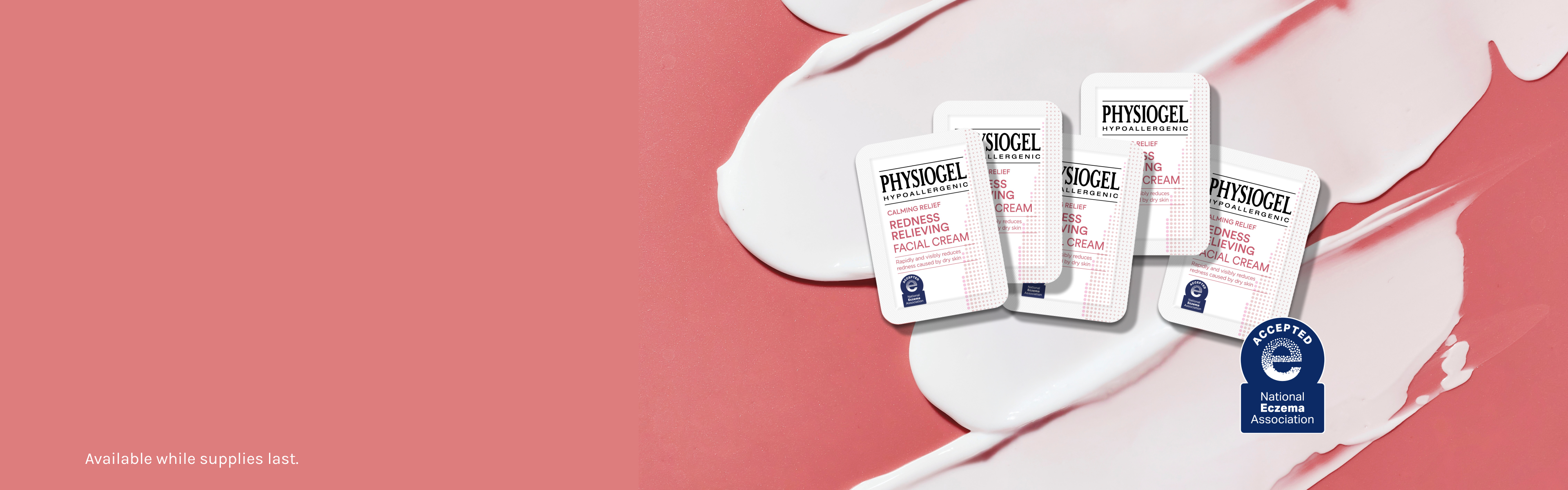Physiogel Redness Relieving Facial Cream sample sachets on a pink background with white cream smears, featuring an eczema association seal.