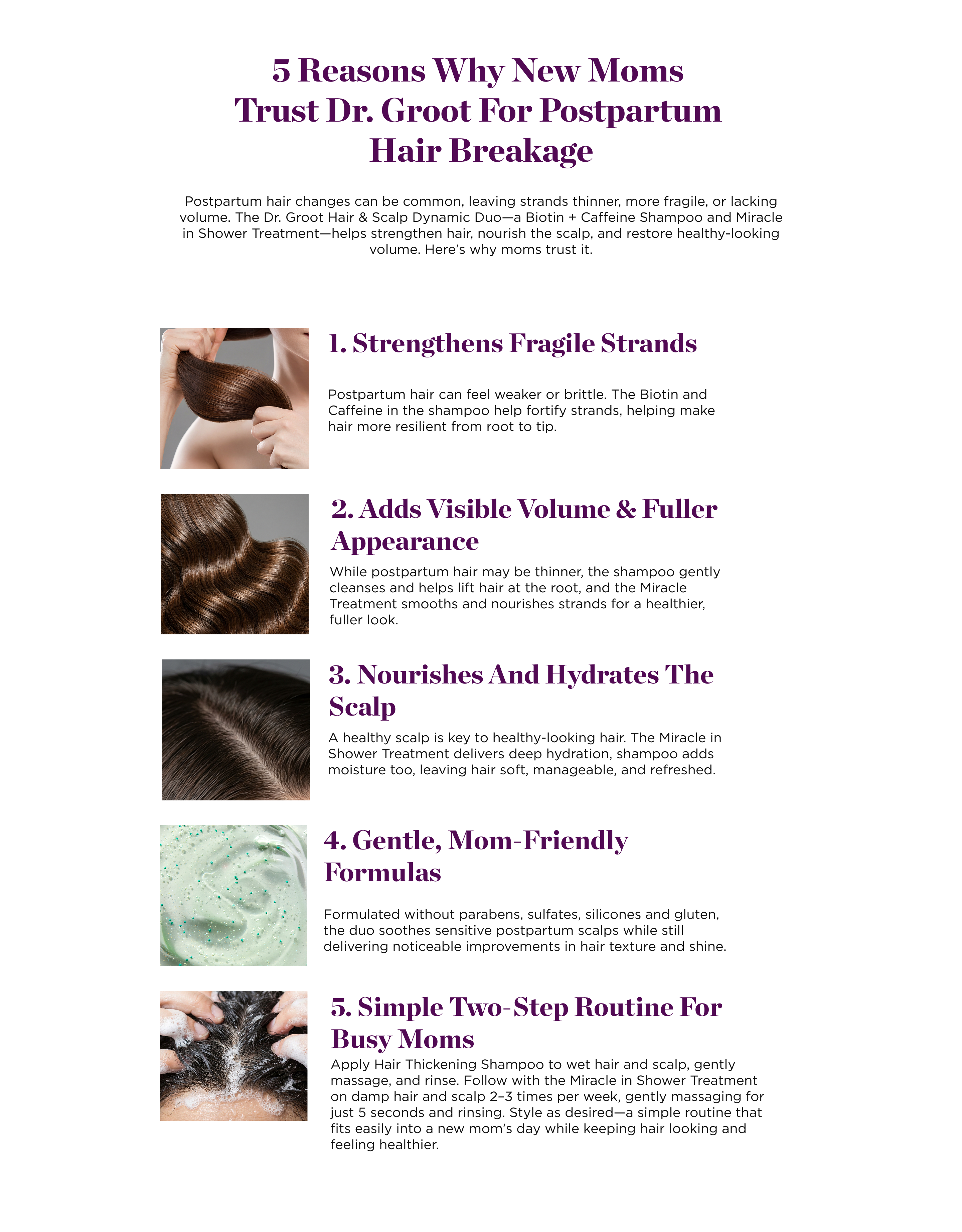 Infographic outlining 5 benefits and a simple routine for postpartum hair care.