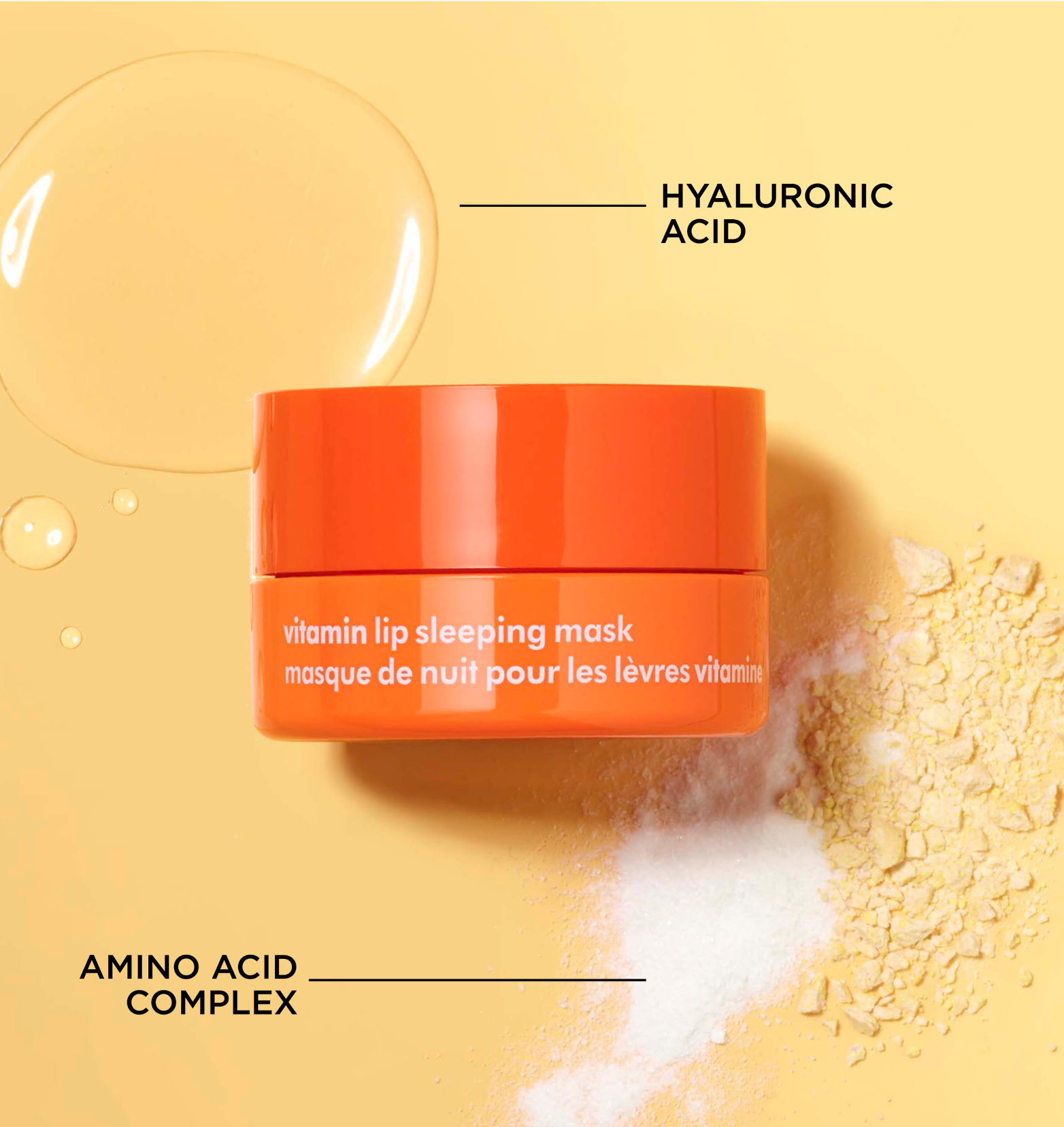 The Face Shop Vitamin Lip Seeping Mask jar on a light orange background. The background is featuring the liquid hyaluronic texture on the top and powdered amino acid texture on the bottom.