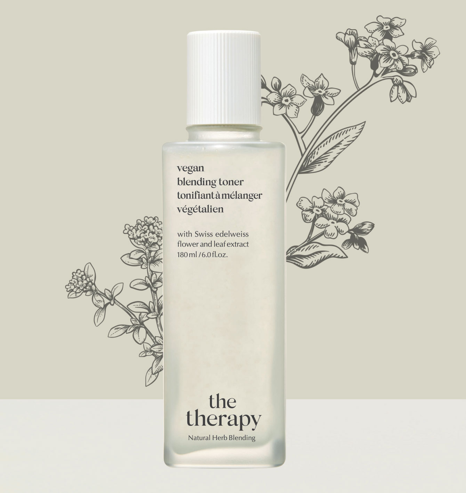 A beige bottle of The Face Shop Vegan Blending Toner standing on a beige background with a drawing of flowers
