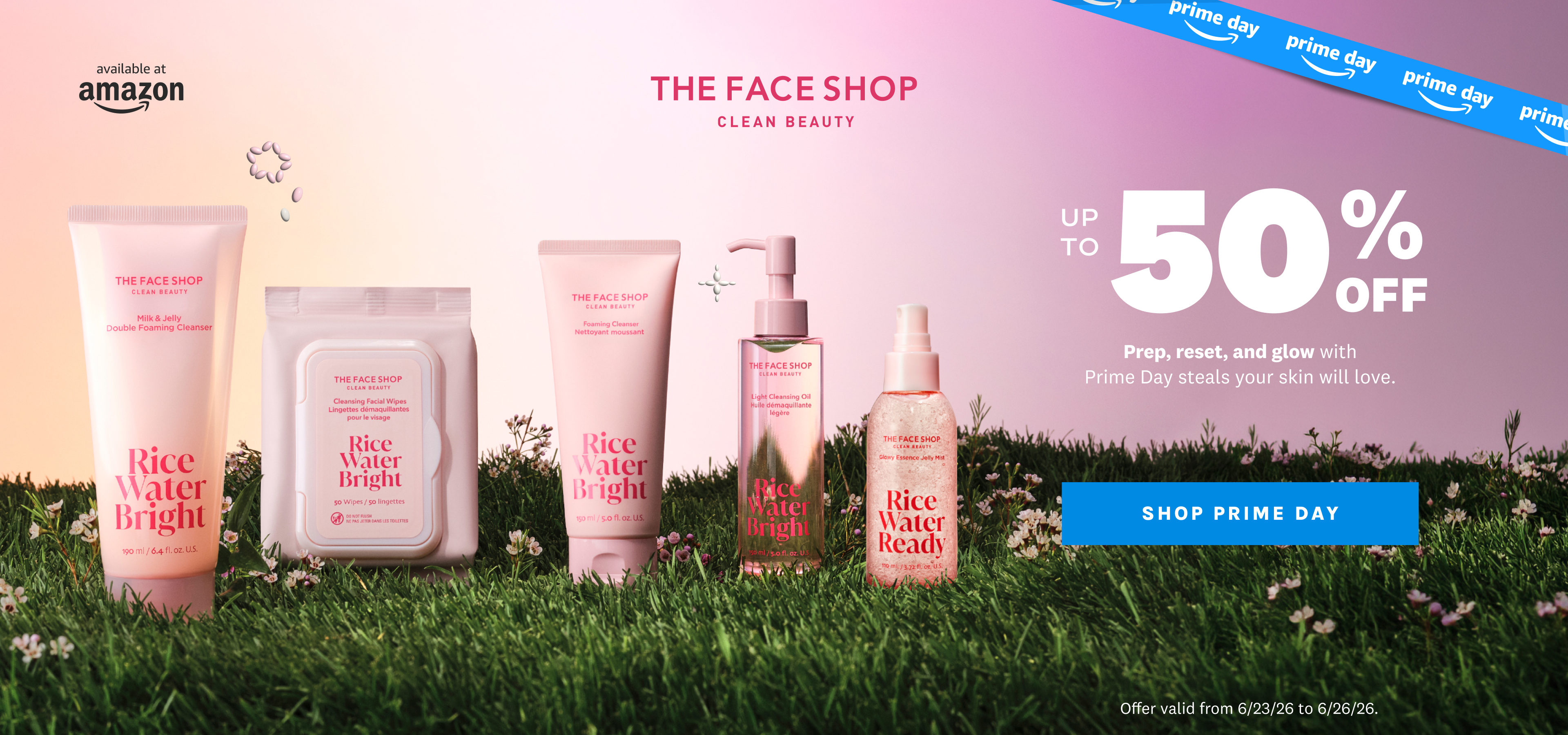The Face Shop Rice Water Bright skincare products on grass, promoting up to 50% off for Prime Day on Amazon.