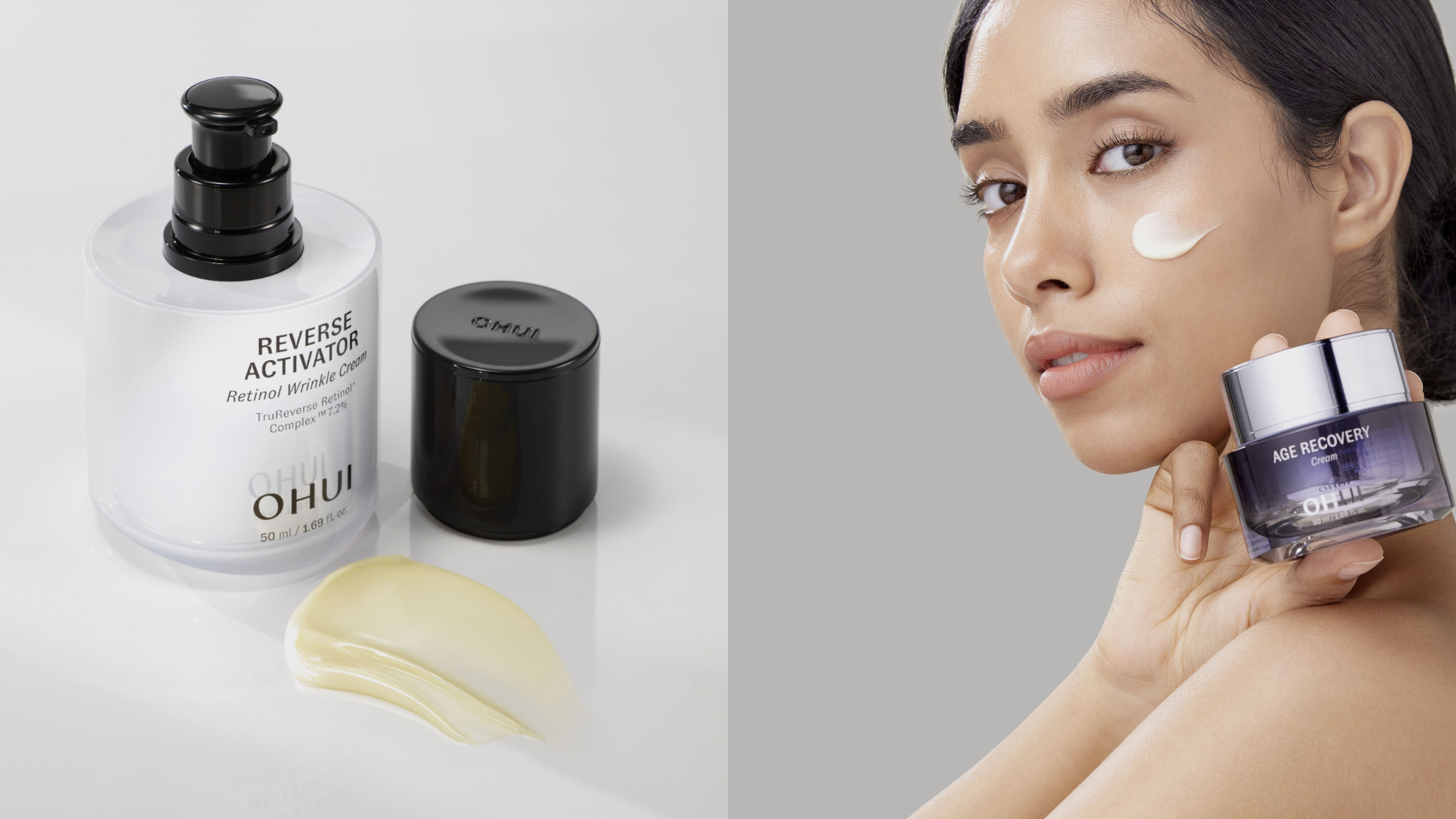Split image of a model holding OHUI Age Recovery Cream over her shoulder and editorial image of  Reverse Activator Cream next to a texture swatch on a white background..