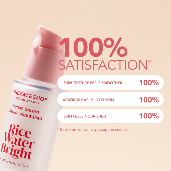 Image of a skincare product called The Face Shop Rice Water Bright Vegan Serum with text highlighting "100% Satisfaction" and benefits like smoother skin texture and nourishment. Background in soft pink.