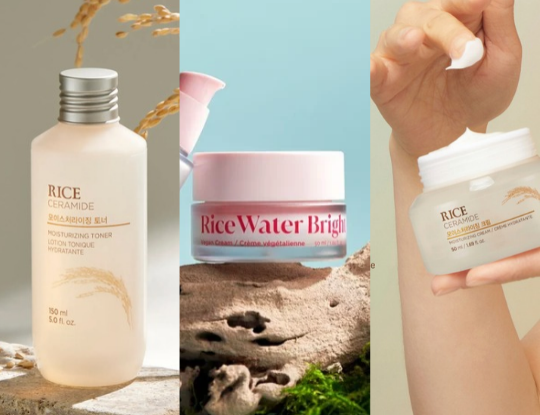 Three rice-based skincare products: a Rice Ceramide toner, a Rice Water Bright cream in a pink jar, and a Rice Ceramide cream held by a hand.