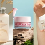 Three rice-based skincare products: a Rice Ceramide toner, a Rice Water Bright cream in a pink jar, and a Rice Ceramide cream held by a hand.