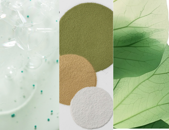 Three panels: clear bubbles in green liquid with teal beads, three piles of green, tan, and white clay powder, and translucent green leaves.