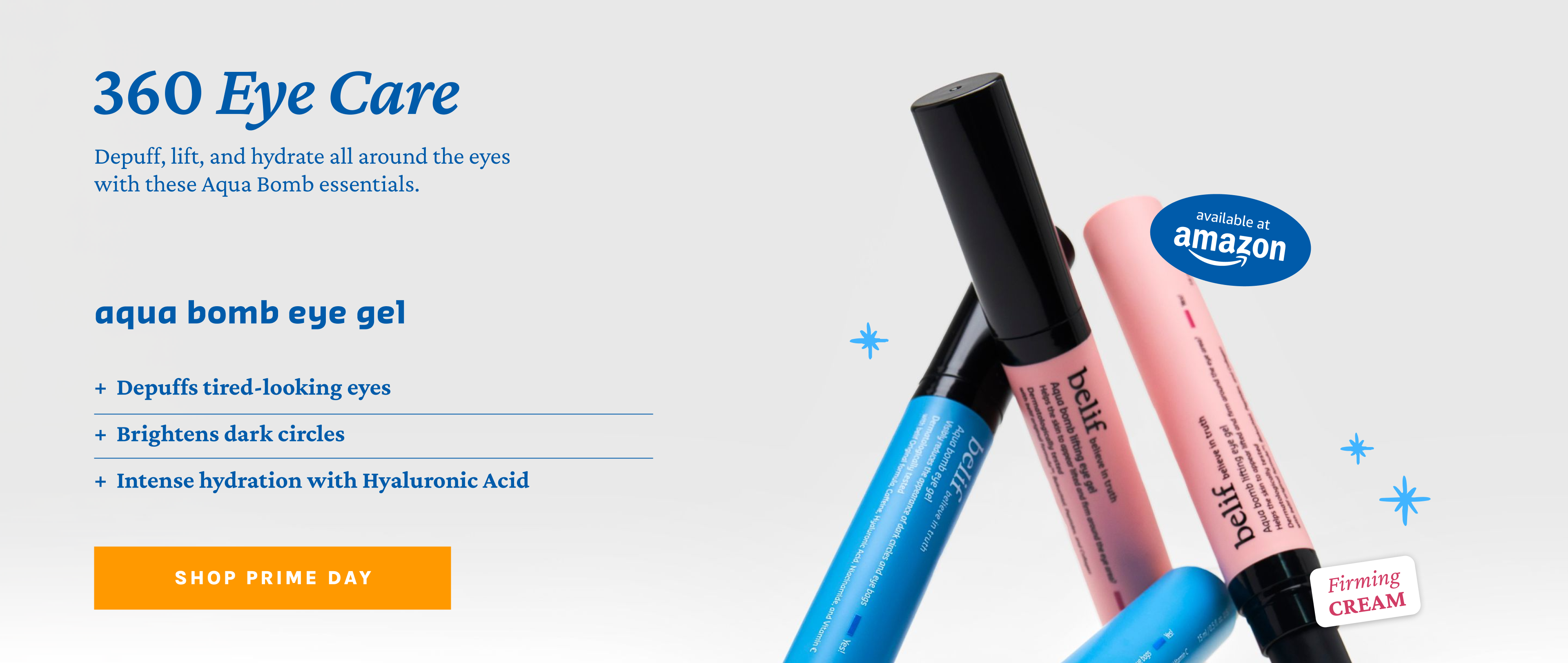 Advertisement for belif Aqua Bomb 360 Eye Care, featuring two blue and one pink product tube, with "available at amazon" badge.