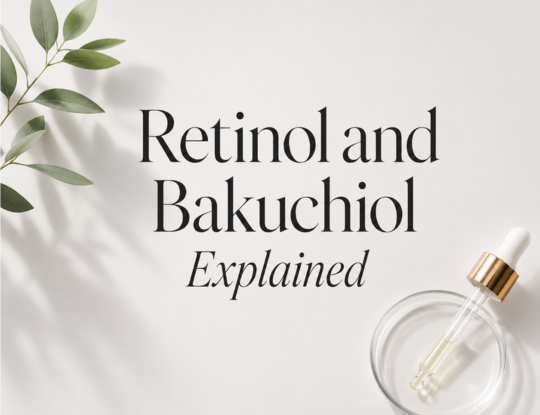 Text: Retinol and Bakuchiol Explained, with a skincare dropper and green leaves on an off-white background.