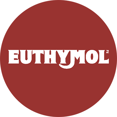 Euthymol logo inside a medium red circle icon.