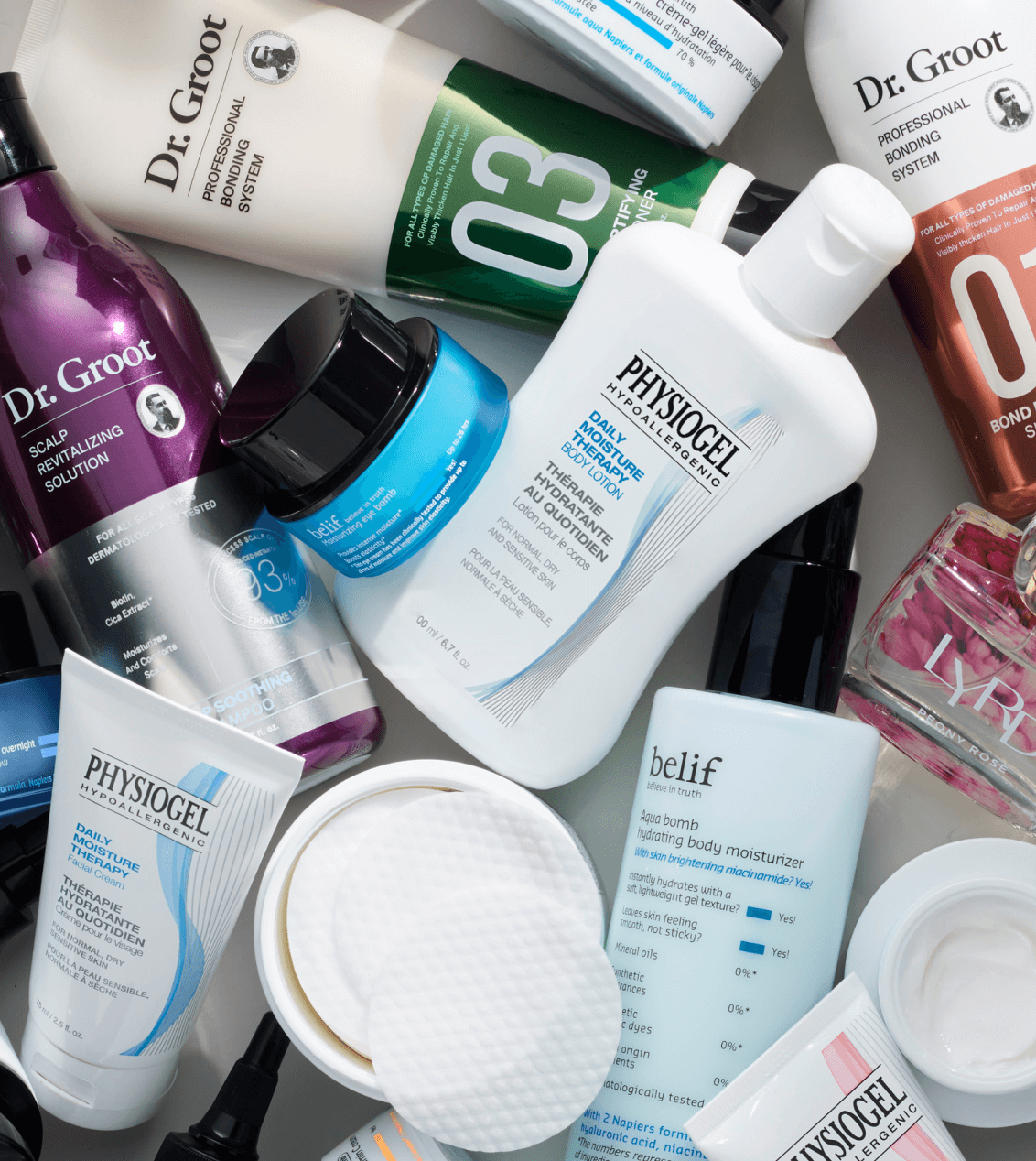 An assortment of LG Beauty products including skincare and hair care options.