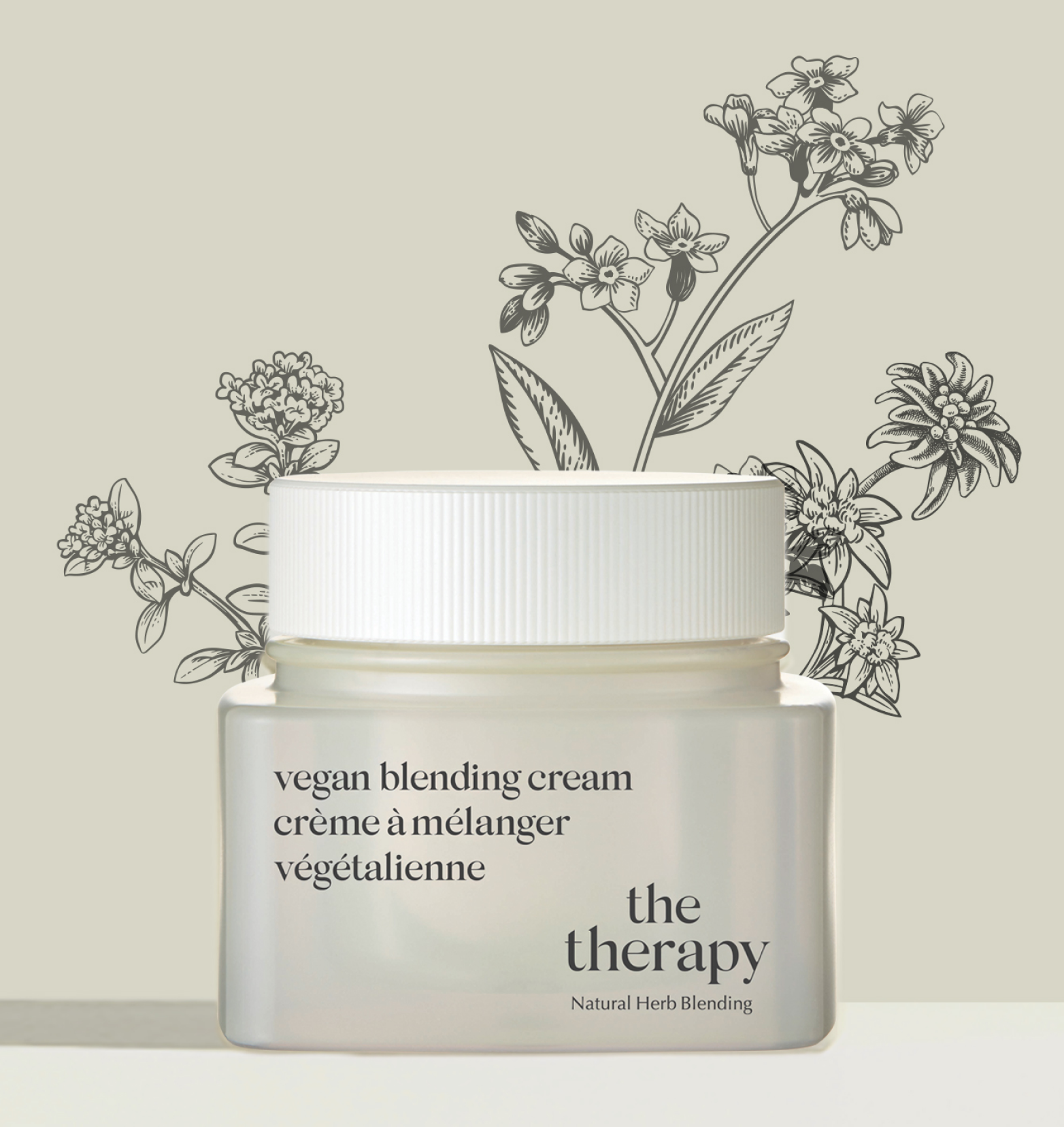 A beige jar of The Face Shop Vegan Blending Cream standing on a beige background with a  drawing of flowers