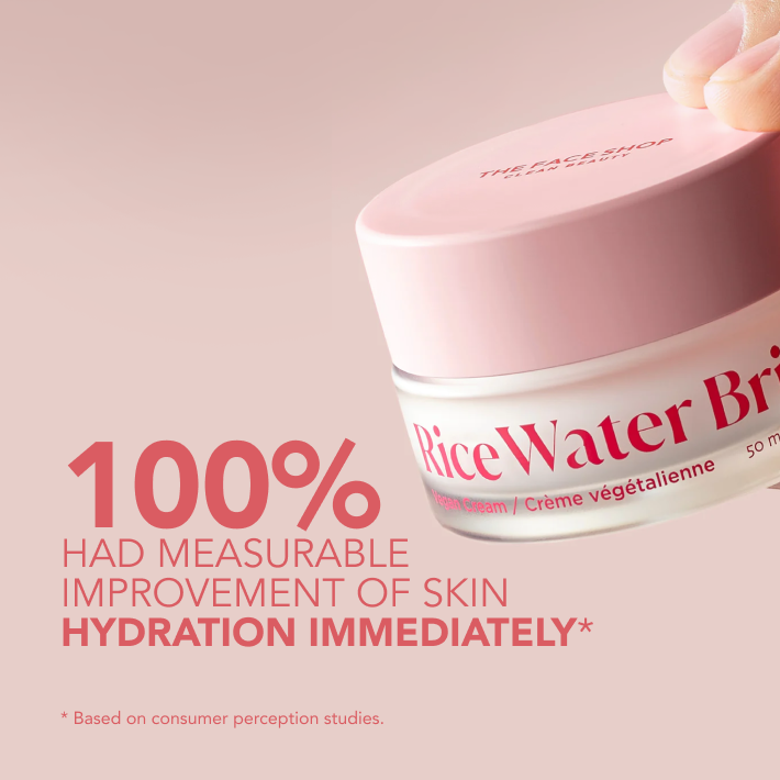 Image of a jar of The Face Shop Rice Water Bright Vegan Cream with text highlighting "100% improvement of skin hydration immediately'' Background in soft pink.