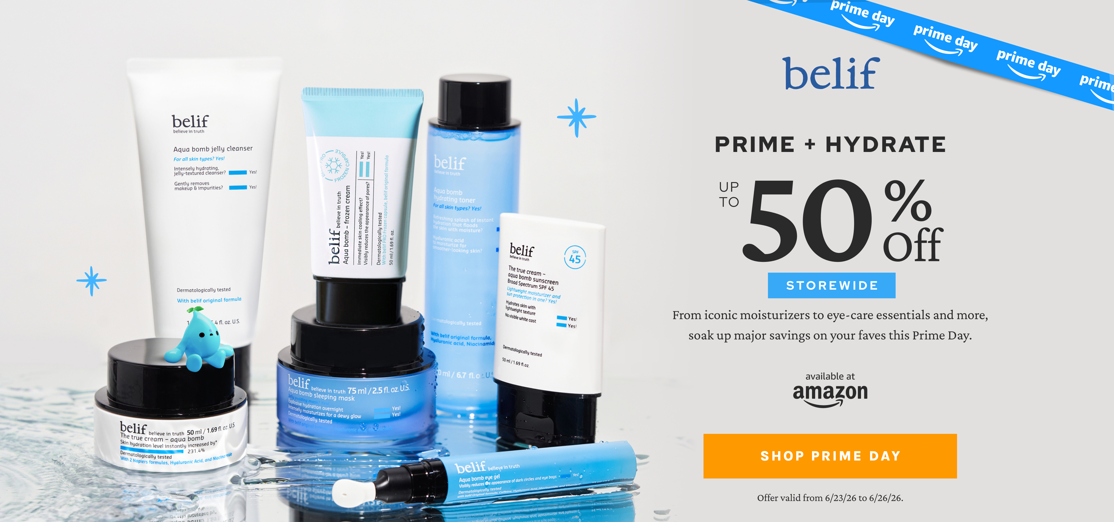 Belif skincare products on display, advertising an Amazon Prime Day sale with up to 50% off storewide.