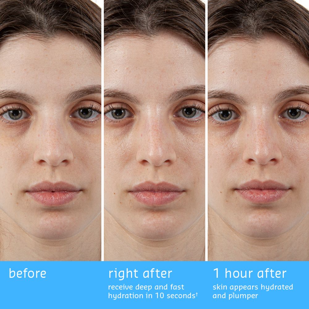 Three sequential close-up photos of a woman's face showing skin improvement: "before" with dry skin, "right after" post-application of belif Aqua Bomb Moisturizer, and "1 hour after" showing hydrated and plumper skin.