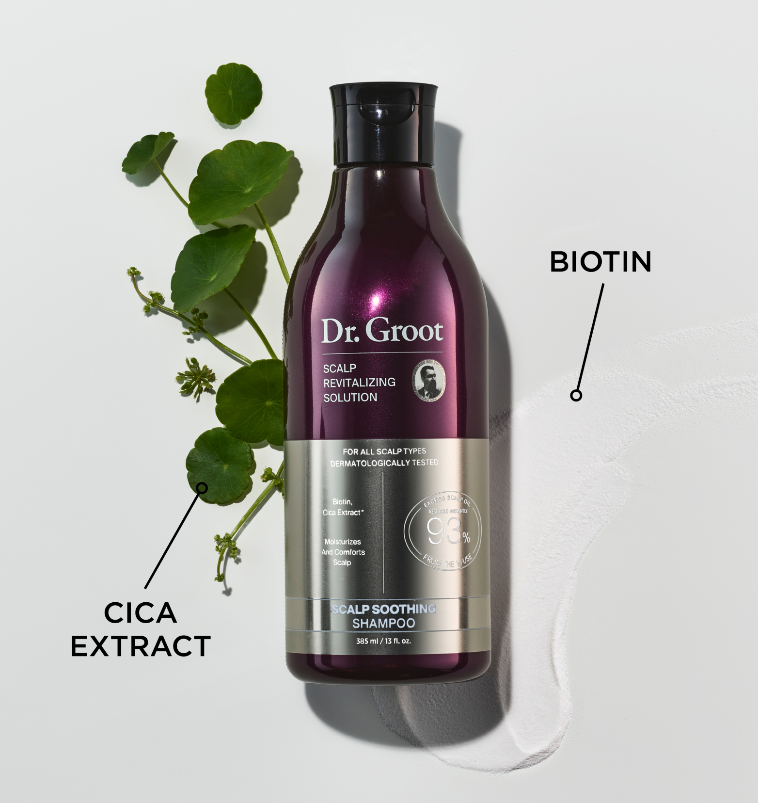 A bottle of Dr. Groot Scalp Soothing Shampoo rests on a spread of cica extract and biotin.