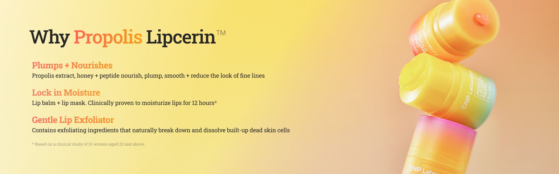 Text explaining the benefits of Propolis Lipcerin next to a stack of three gradient-colored lip balm containers.
