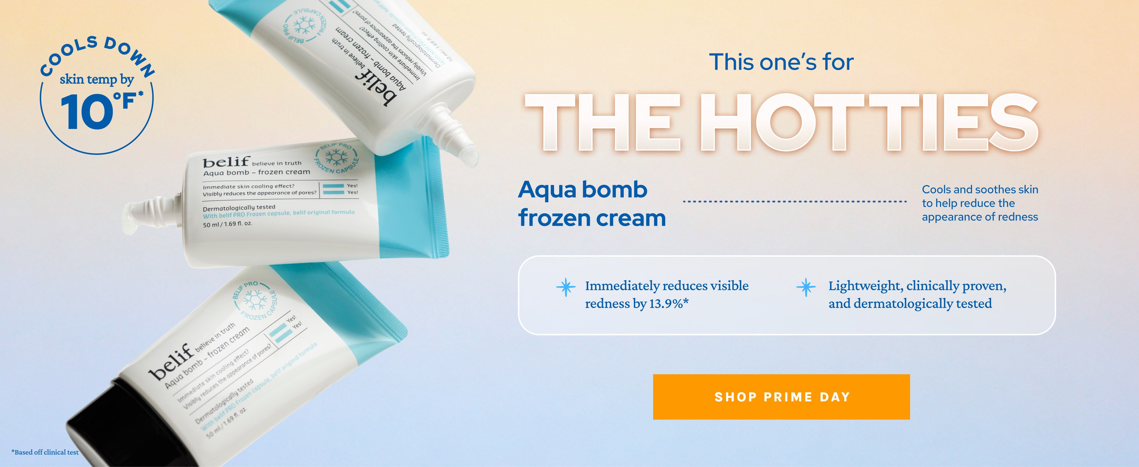 Advertisement for Belif Aqua bomb frozen cream, stating it cools skin by 10°F and reduces redness, with the tagline "This one's for THE HOTTIES."
