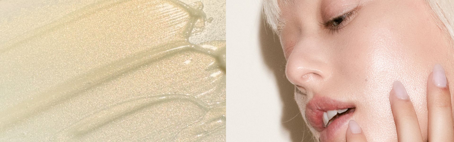 A side-by-side image of a texture closeup of gold, shimmery liquid, next to a woman showing the left side of her cheek and slightly touching her face on a white backgound.